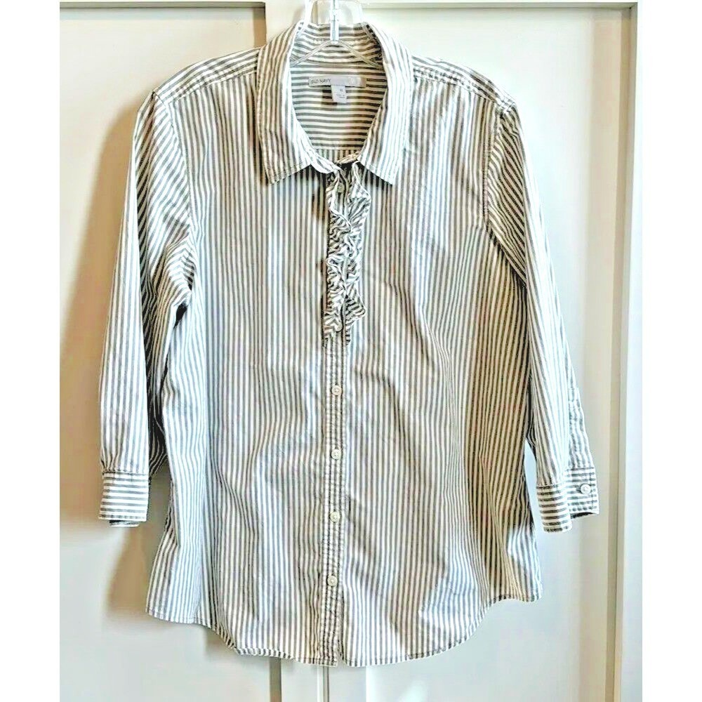 Old Navy Striped Button Up Shirt Women XL Ruffle Neck Long Sleeve Casual